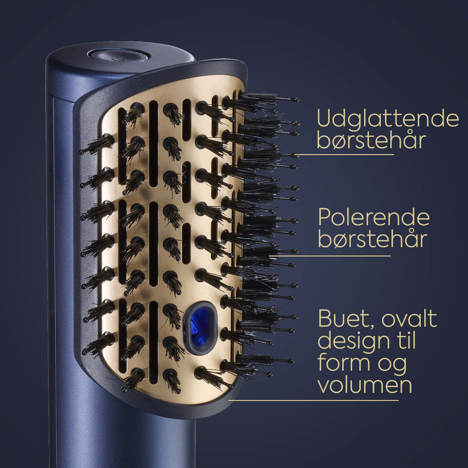 Udglattende b&oslash;rsteh&aring;r . Polerende b&oslash;rsteh&aring;r . Buet, ovalt design til form og volumen